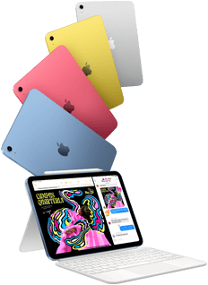 Kék,
      rózsaszín, sárga és ezüstszínű iPad és egy Magic Keyboard Folióhoz csatlakoztatott iPad Apple Pencillel