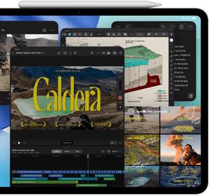 Asztrofekete iPad Pro szemből, fekvő tájolásban, a tetején Apple Pencil, a kijelzőn egymás mellé helyezve több alkalmazásablak,
      köztük a Final Cut Pro különböző videószerkesztési funkciókkal és idővonallal, a Térképek, a Jegyzetek és különféle médiaklipek